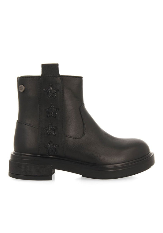 Gioseppo Kids' Black Leather Ankle Boots with Star and Glitter Patches