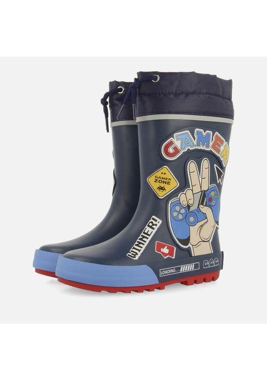 Gioseppo "Bussende" Dark Blue Gamer Patches Rubber Rain Boots for Kids
