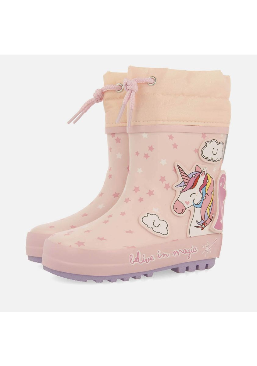 Whimsical Unicorn Pink Rubber Boots with Fancy Patches and Non-Slip Sole
