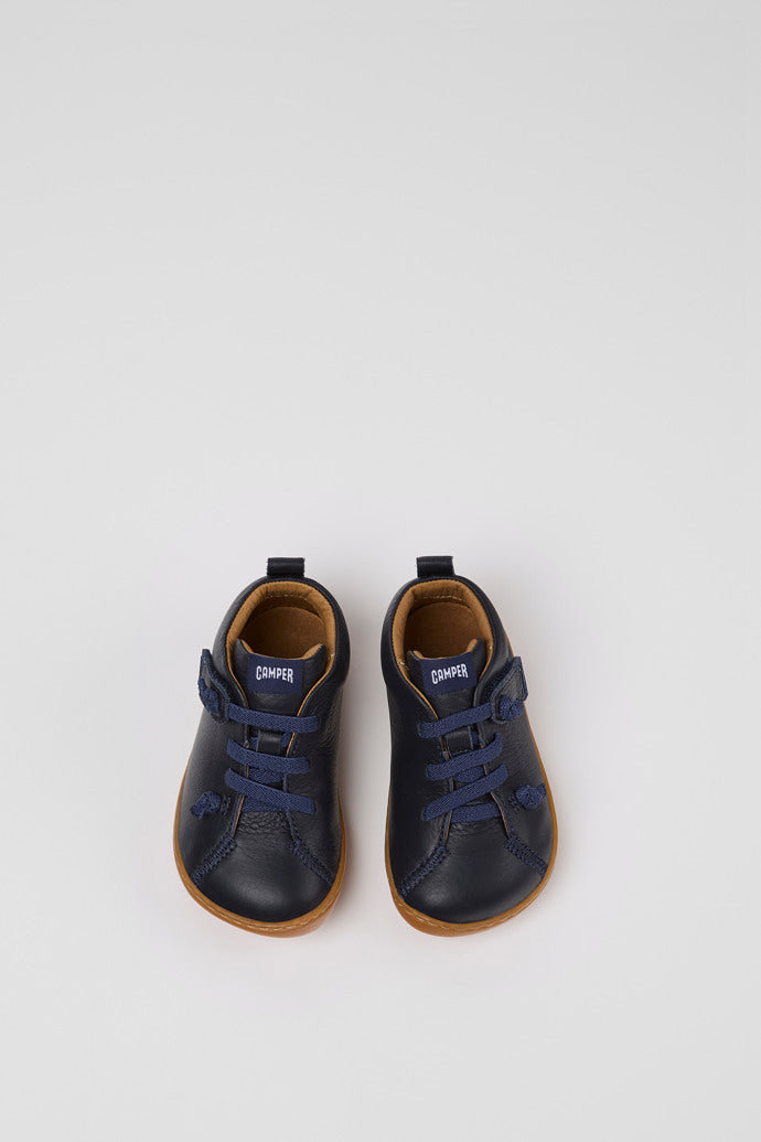 Kids' Peu Blue Calfskin Leather Ankle Boots - Elastic Laces, Hook-and-Loop