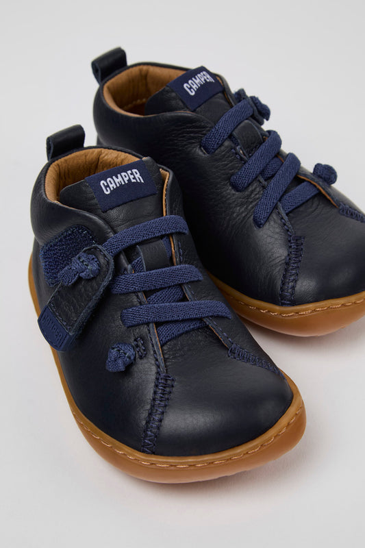 Kids' Peu Blue Calfskin Leather Ankle Boots - Elastic Laces, Hook-and-Loop