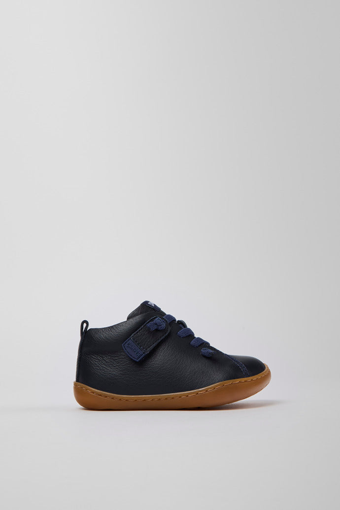 Kids' Peu Blue Calfskin Leather Ankle Boots - Elastic Laces, Hook-and-Loop
