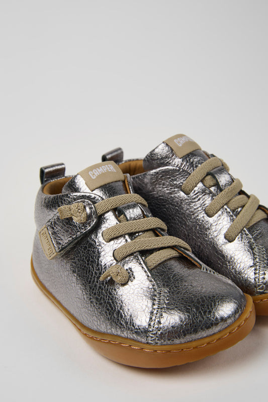 Camper Kids' Peu Silver Calfskin Leather Hook-and-Loop First Walker Ankle Boots