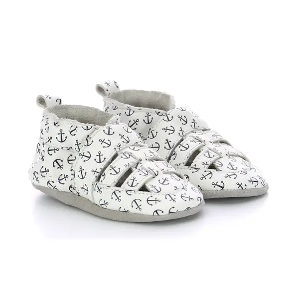 Robeez Hug Baby Boy's White Anchor Leather Slippers. Soft Sole Shoes 890282