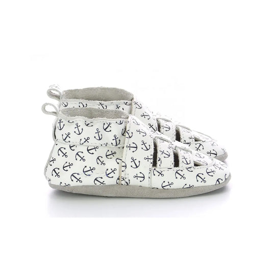 Robeez Hug Baby Boy's White Anchor Leather Slippers. Soft Sole Shoes 890282