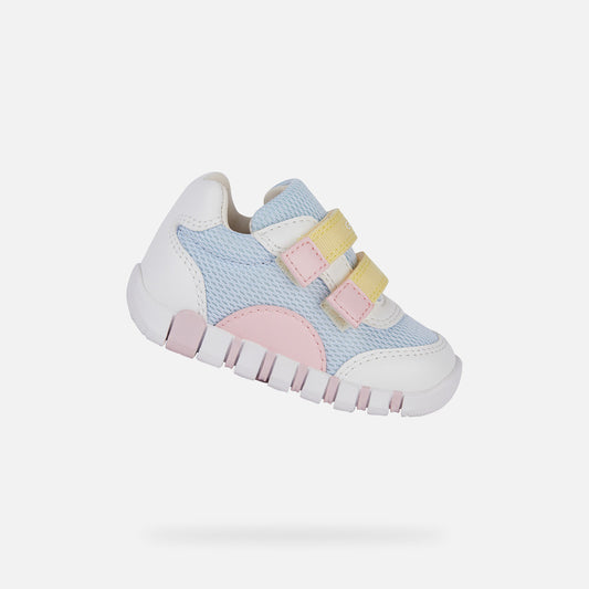 Geox Iupidoo Baby Crystal White Flexible First-Step Sneakers with Riptape Straps