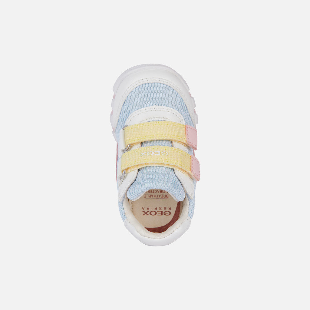 Geox Iupidoo Baby Crystal White Flexible First-Step Sneakers with Riptape Straps