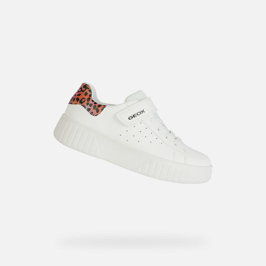 Geox Mikiroshi Girl's White Salmon Velcro Sneakers with Animal Print Heel