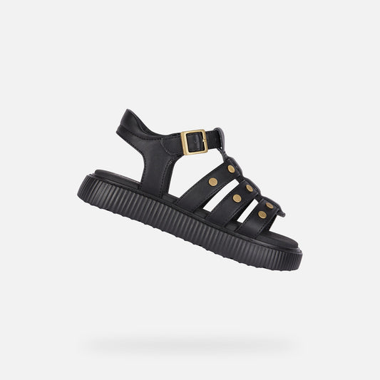 Geox Kodette Junior Girl's Black Studded Breathable Open Sandals with Ankle Strap