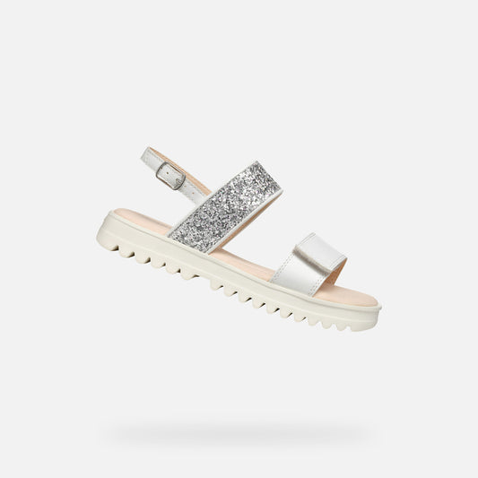Geox Coralie Girl's Lightweight White and Silver Open Sandals with Buckle