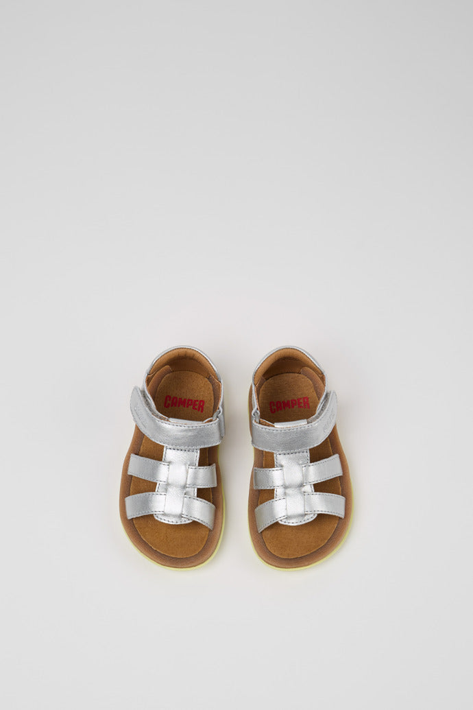 Camper Bicho Silver Leather Kids' Sandals - Adjustable, Ergonomic, Recycled Sole