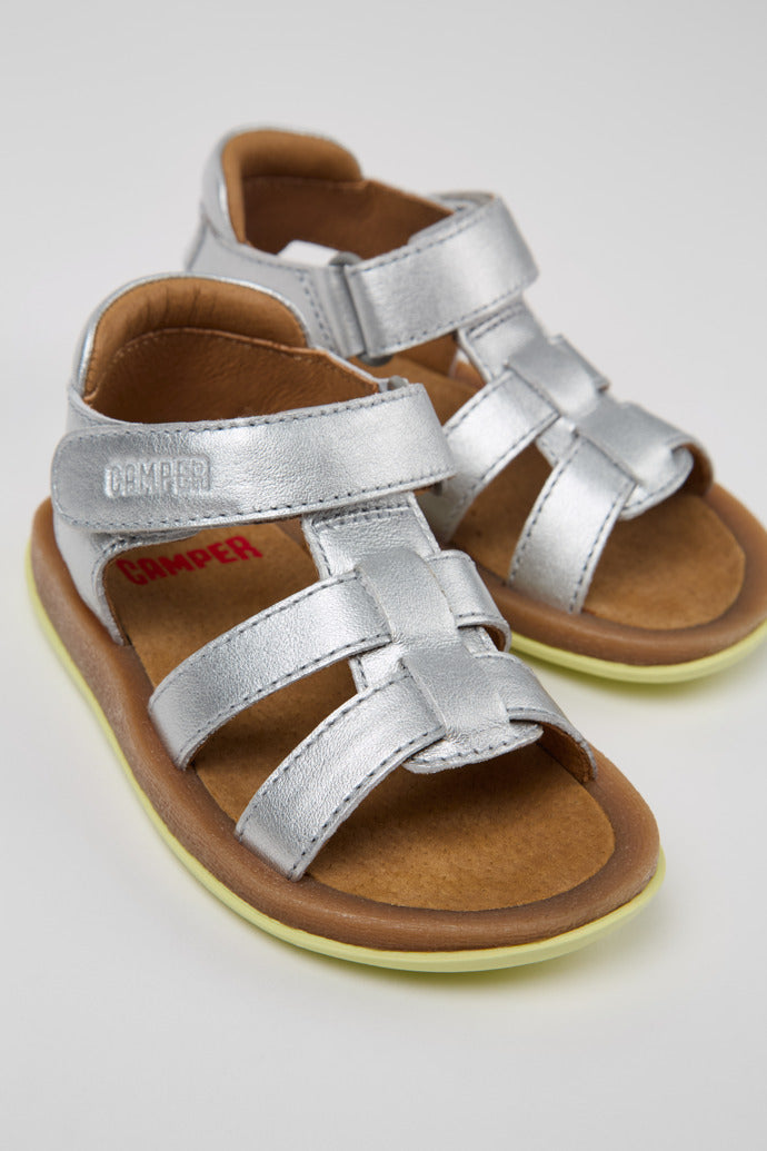 Camper Bicho Silver Leather Kids' Sandals - Adjustable, Ergonomic, Recycled Sole
