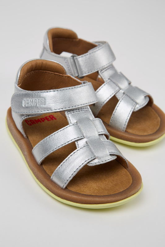 Camper Bicho Silver Leather Kids' Sandals - Adjustable, Ergonomic, Recycled Sole
