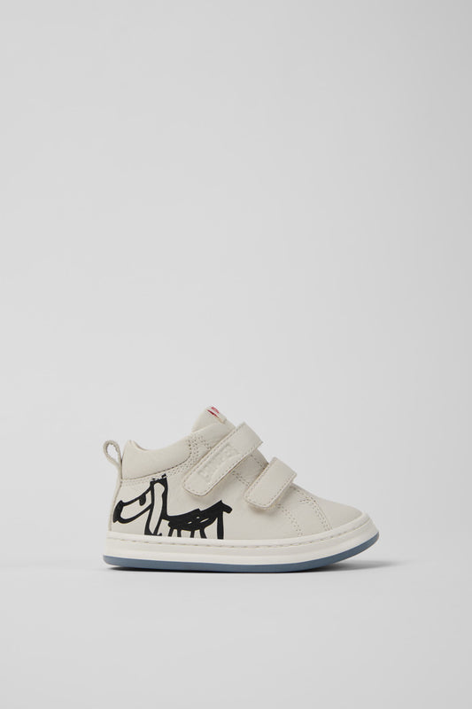 Camper Twins White Black Leather Kids' Ankle Boots with Hook-and-Loop Closure