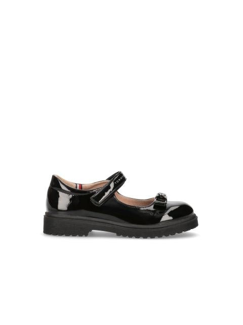 Tommy Hilfiger Girls' Black Leather Velcro Ballet Flats - Formal Kids' Shoes