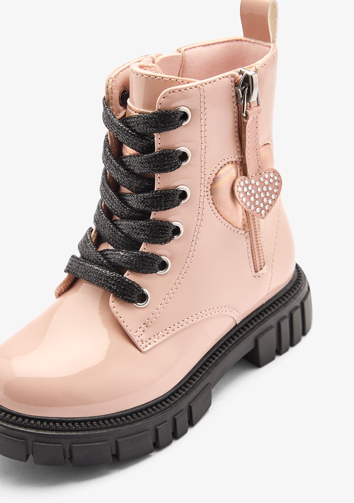 Pink Hearts Kids Military Boots with Zipper and Mid‑Ankle Support