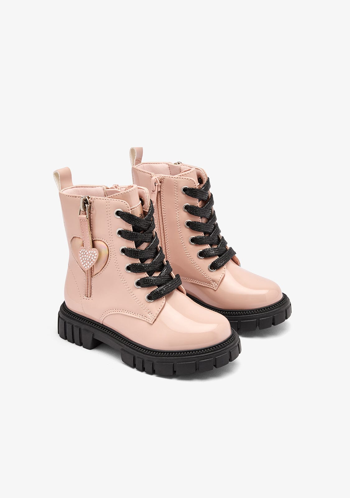 Pink Hearts Kids Military Boots with Zipper and Mid‑Ankle Support