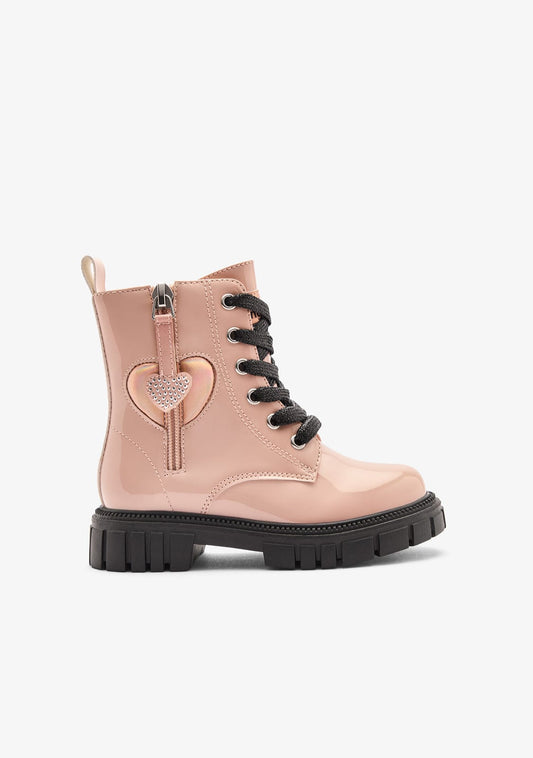 Pink Hearts Kids Military Boots with Zipper and Mid‑Ankle Support