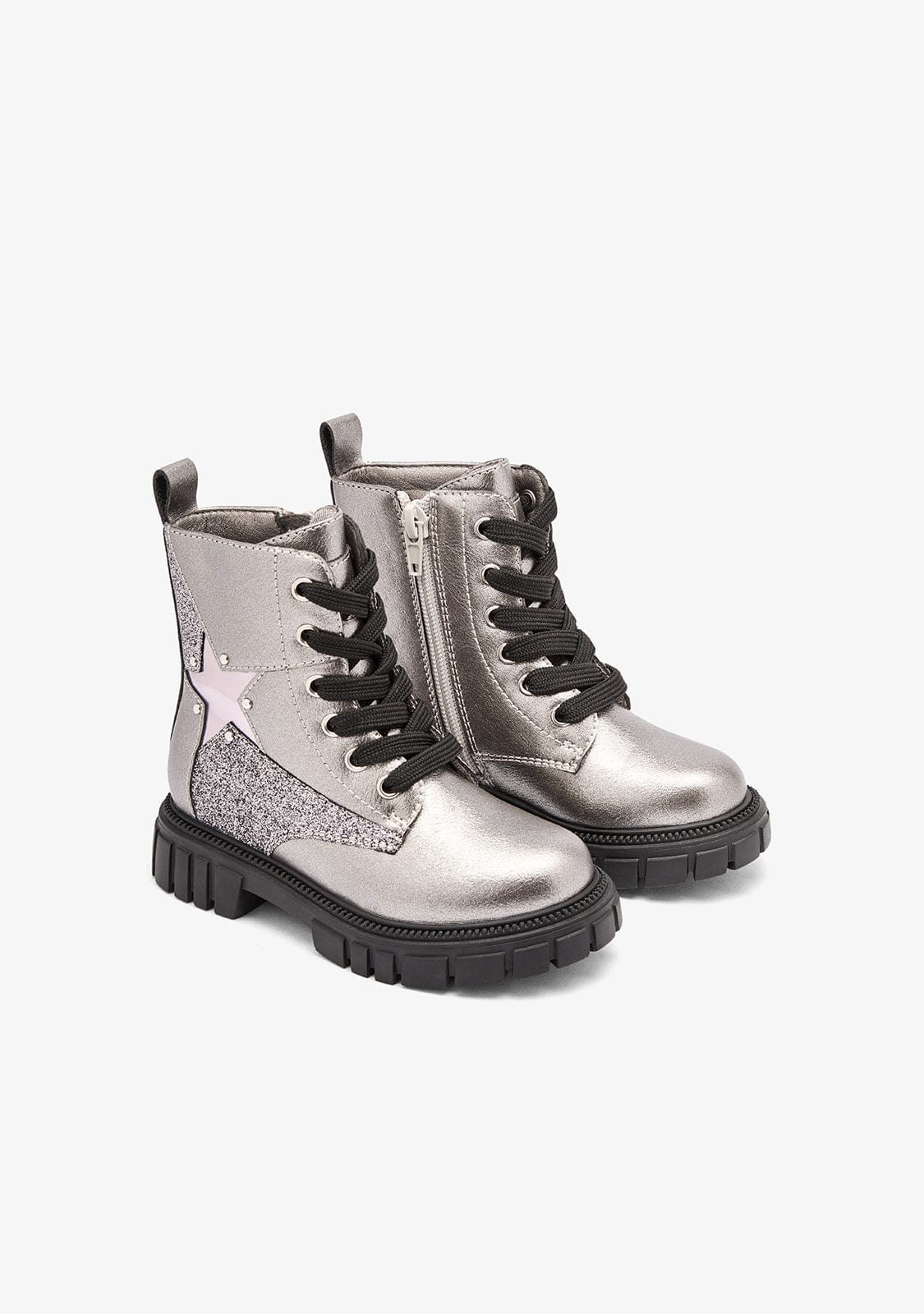 Silver Military Star Boots for Girls – Shiny Zippered Kids Boot