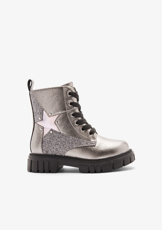 Silver Military Star Boots for Girls – Shiny Zippered Kids Boot