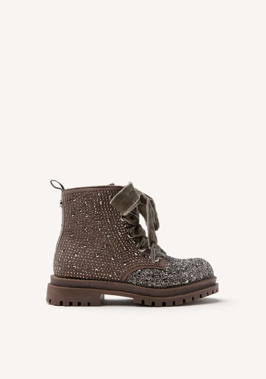 Finchley Taupe Glitter Rhinestone Boots with Velvet Laces & Track Sole