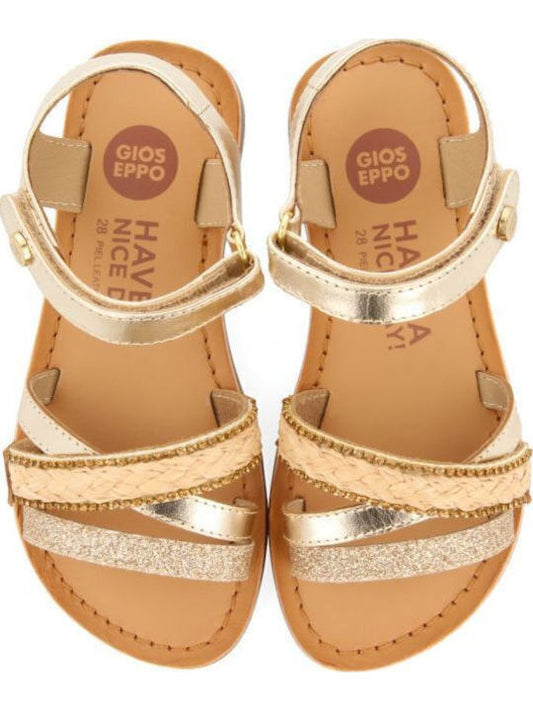 Gioseppo Girls' Gold Leather Rhinestone Sandals with Adjustable Velcro Strap
