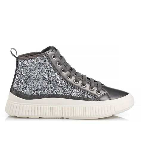 Geox J Laquinny Girl Kids Booties: Breathable Silver Glitter Sneakers for Girls