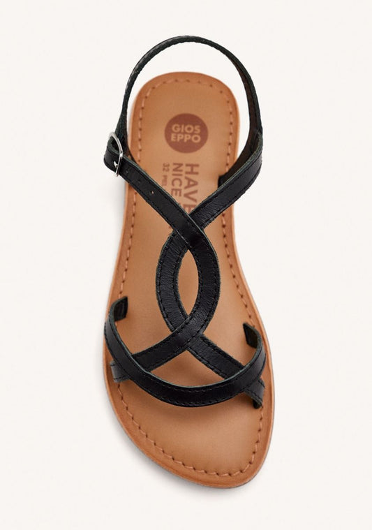 Vareza Girls' Metallic Black Leather Sandals with Adjustable Heel Strap