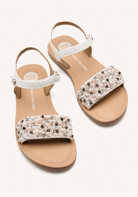 Gioseppo Kids' White Leather Beaded Sandals - Adjustable Straps, Padded Sole
