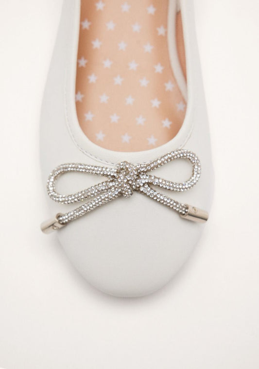 Elegant White Leather Ballet Flats with Bow, Adjustable Heel, and Padded Insole