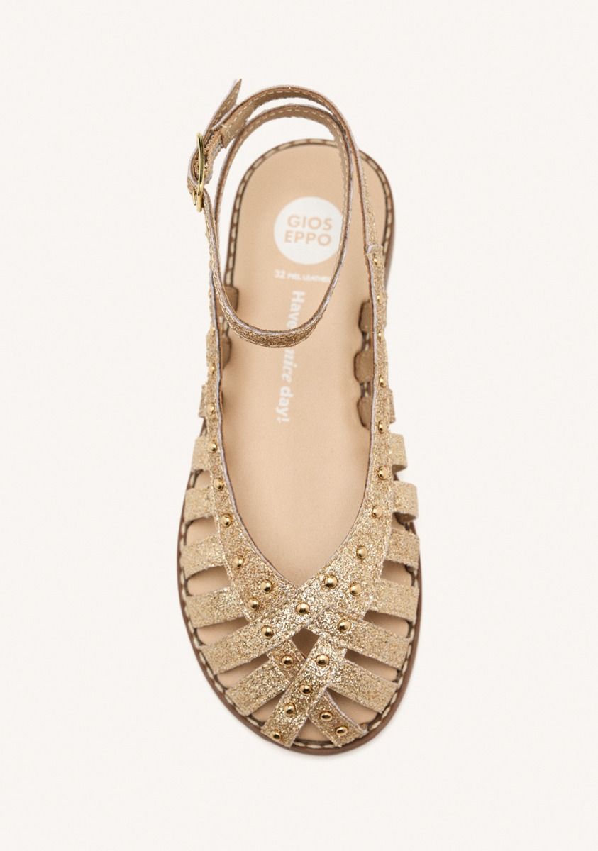 Sparkling Platinum Leather Closed Sandals with Studs and Ankle Closure