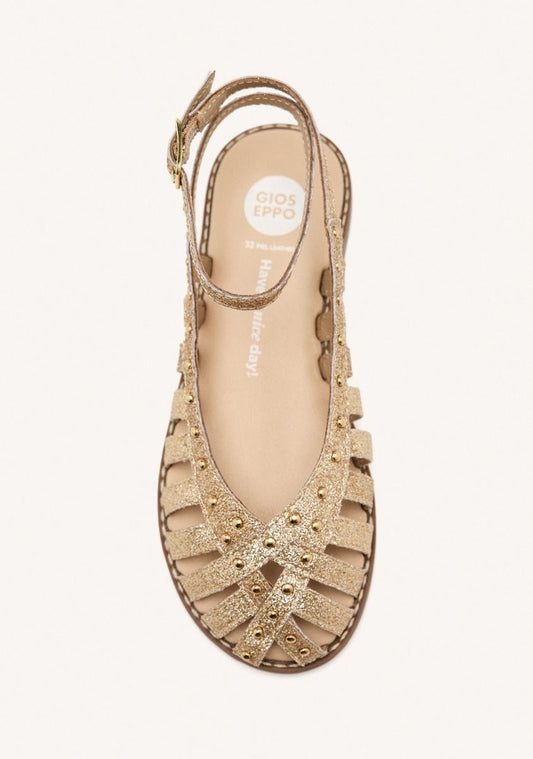Sparkling Platinum Leather Closed Sandals with Studs and Ankle Closure