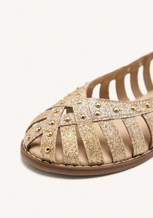 Sparkling Platinum Leather Closed Sandals with Studs and Ankle Closure