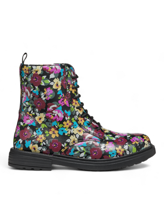 Geox J Eclair Kids' Black Multi-Color Floral Ankle Boots with Zip Closure