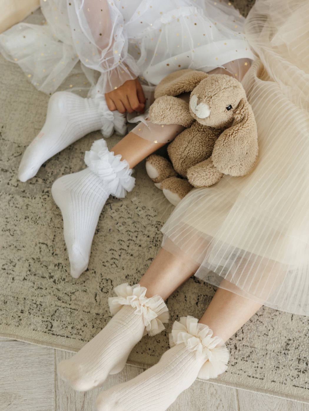 NENA Bebe White Ribbed Baby Socks with Hand‑Sewn Tulle Ruffle