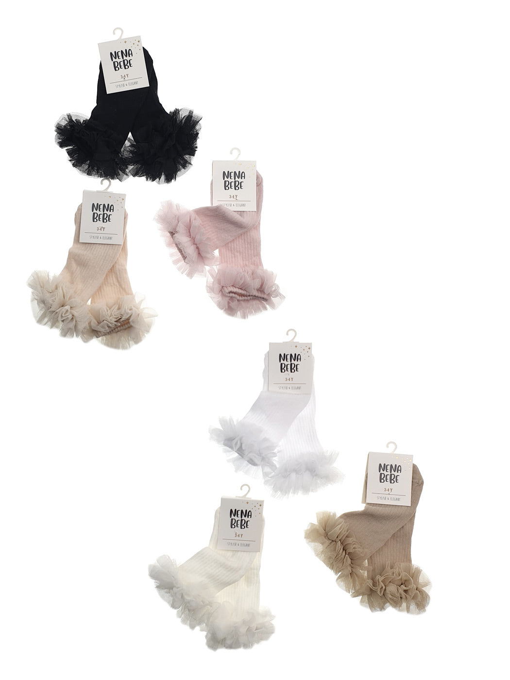 NENA Bebe White Ribbed Baby Socks with Hand‑Sewn Tulle Ruffle