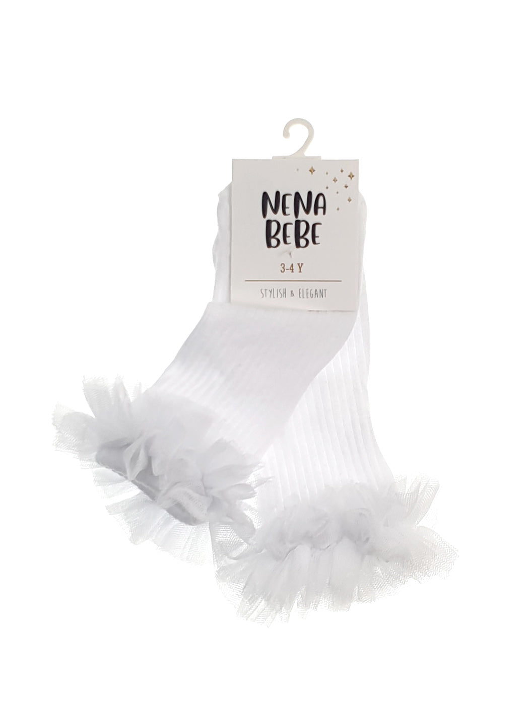 NENA Bebe White Ribbed Baby Socks with Hand‑Sewn Tulle Ruffle