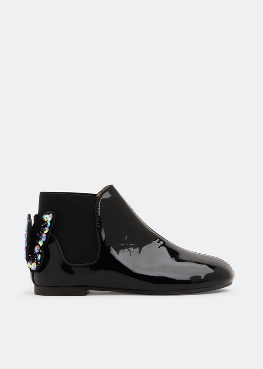 Babywalker Kids Black Patent Leather Butterfly Chelsea Boots with Sparkling Crystals