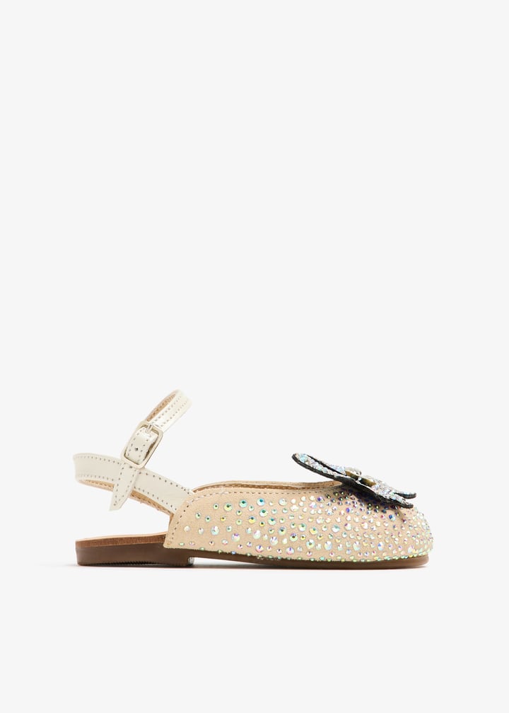 Babywalker Girls' Sparkling Beige Suede Butterfly Ballerinas with Crystal Embellishments