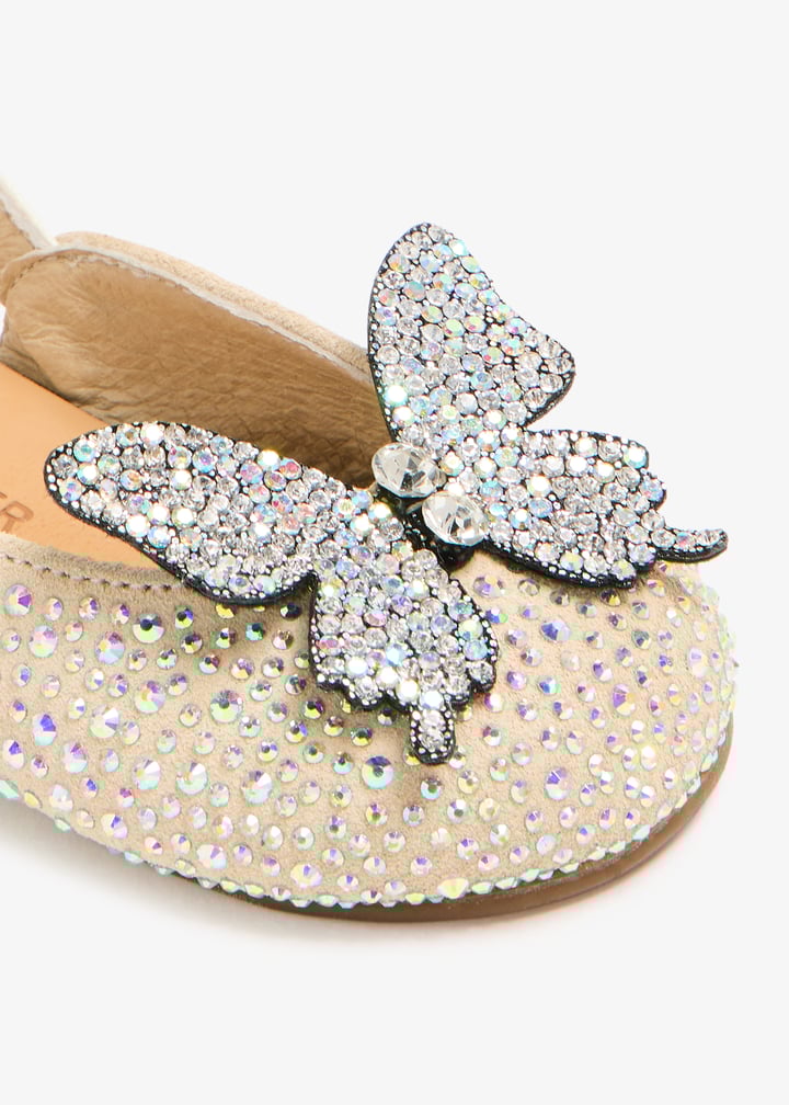 Babywalker Girls' Sparkling Beige Suede Butterfly Ballerinas with Crystal Embellishments