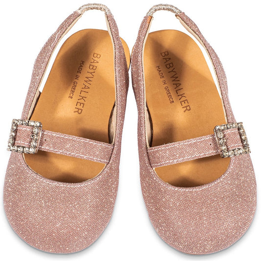 BabyWalker Bw 4819 Girls Dusty Pink Metallic Christening Shoes Rhinestone Buckle