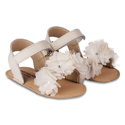 BabyWalker Mi 1633 Ivory Ecru Leather Christening Sandals with Chiffon Flowers