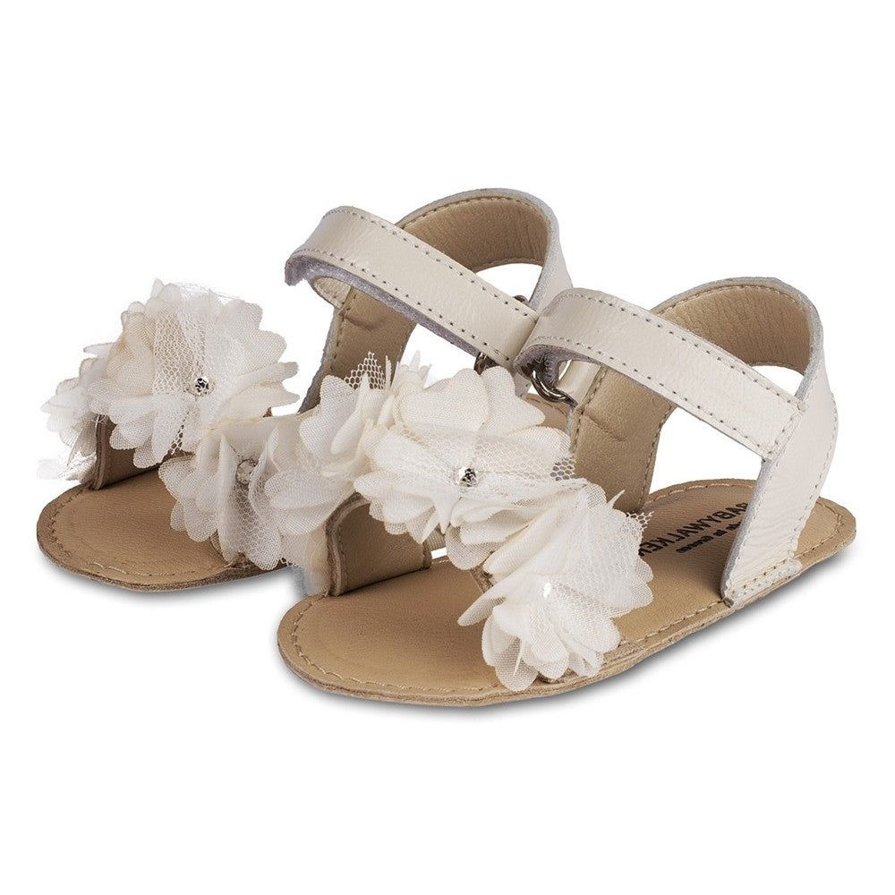 BabyWalker Mi 1633 Ivory Ecru Leather Christening Sandals with Chiffon Flowers