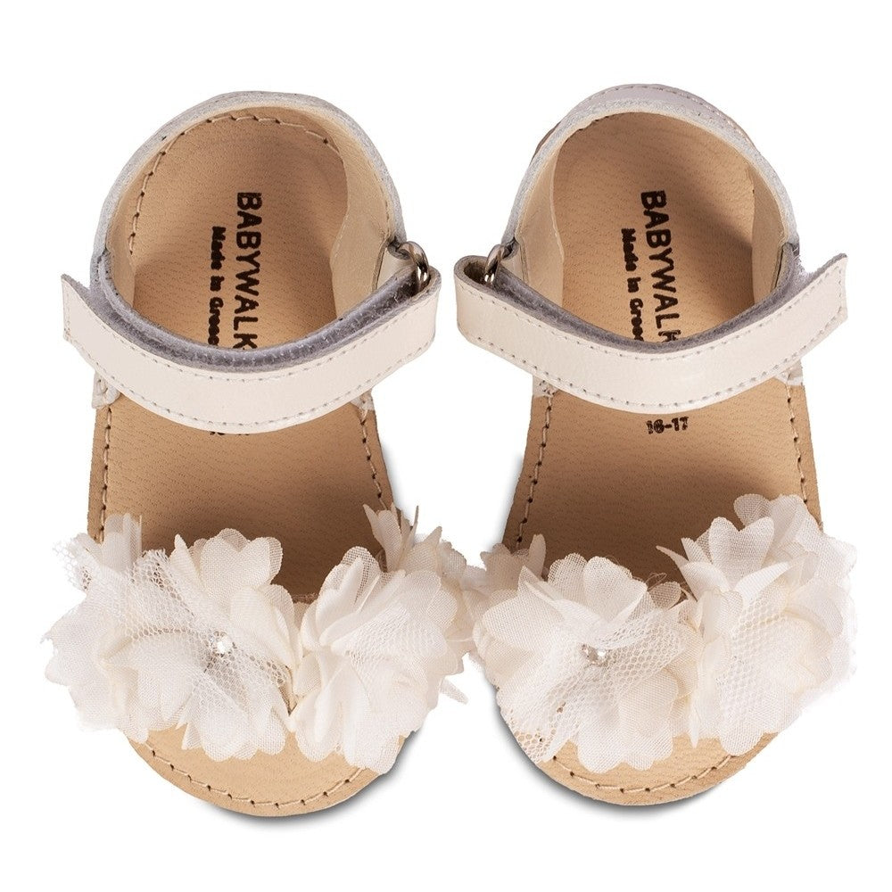 BabyWalker Mi 1633 Ivory Ecru Leather Christening Sandals with Chiffon Flowers