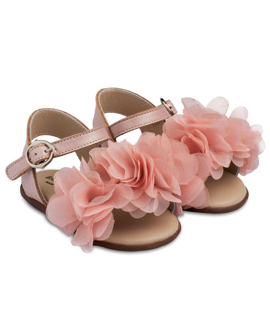 Elegant Leather Girl's Baptism Sandals with Pink Floral Embellishments Pri.2598