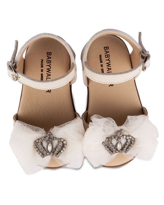 Elegant Ecru Baby Girl Baptism Sandals with Tulle Bow Crown Embellishments (Pri.2613)