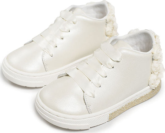 Babywalker White Baptism Leather Sneakers BW4697 with Chiffon Flowers