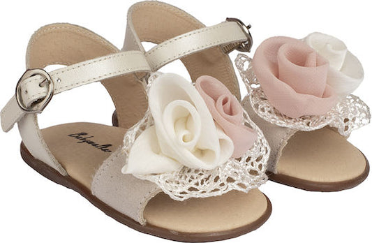 Babywalker Ecru-Rose Leather Baptism Sandals with Elegant Floral Lace Detail