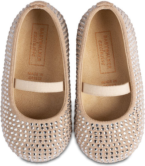 Babywalker LU.6098 Ecru Leather Baptism Ballerina Pumps with Swarovski Rhinestones