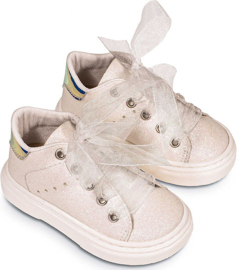 Babywalker White Glitter Fabric Christening Sneakers with Organza Ribbon Laces